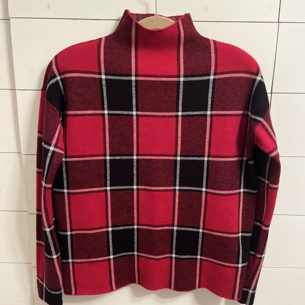TAHARI Women Long Sleeve Mock Neck Sweater Size M Red/Black/White Plaid